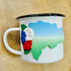 Mug dominicain personnalisé en émail avec la carte de la République dominicaine, cadeau fête des mères, tasse pour feu de camp, Saint-Valentin, tasse personnalisée pour anniversaire.