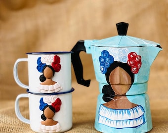 Hand Painted Dominican Moka Pot Set: Faceless Doll Coffee Maker - Etsy