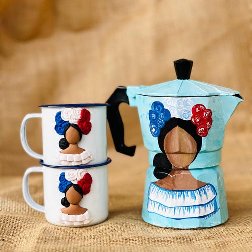 Hand Painted Dominican Moka Pot Set: Faceless Doll Coffee Maker - Etsy