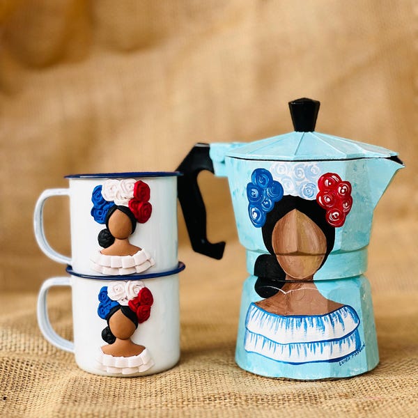 Handbemaltes Dominikanische Moka Kannen Set: Gesichtslose Puppenkaffeekanne