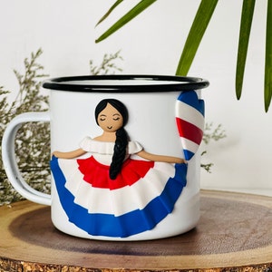 Personalized Costa Rica Doll Mug Mother Day Gift, Valentine, Personalized Pura Vida Enamel Cup, Birthday, Tica Art Doll, Traditional Dress.