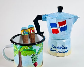 Dominican Moka Pot Hand Painted Set Christmas Gift, Coffee Maker Painted by  Hand, Expresso Maker with Cup and spoons, Dominican Art.