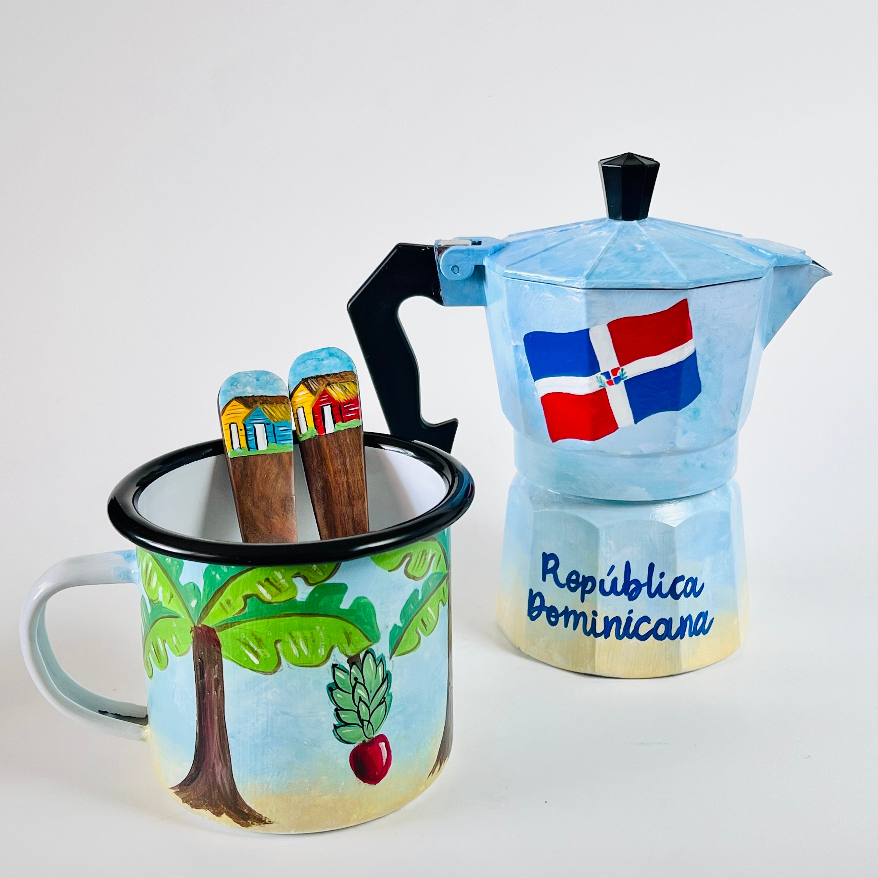 Dominican Moka Pot Hand Painted Set Christmas Gift, Coffee Maker