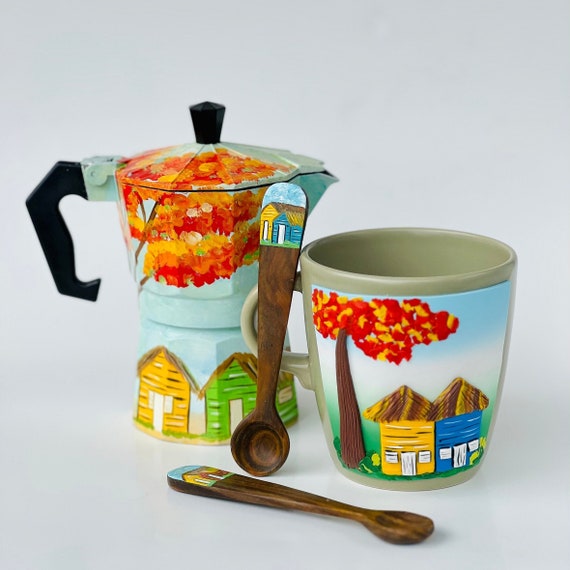 Dominican Moka Pot Hand Painted Set Christmas Gift, Coffee Maker Painted by  Hand, Expresso Maker With Cup and Spoons, Dominican Art. 
