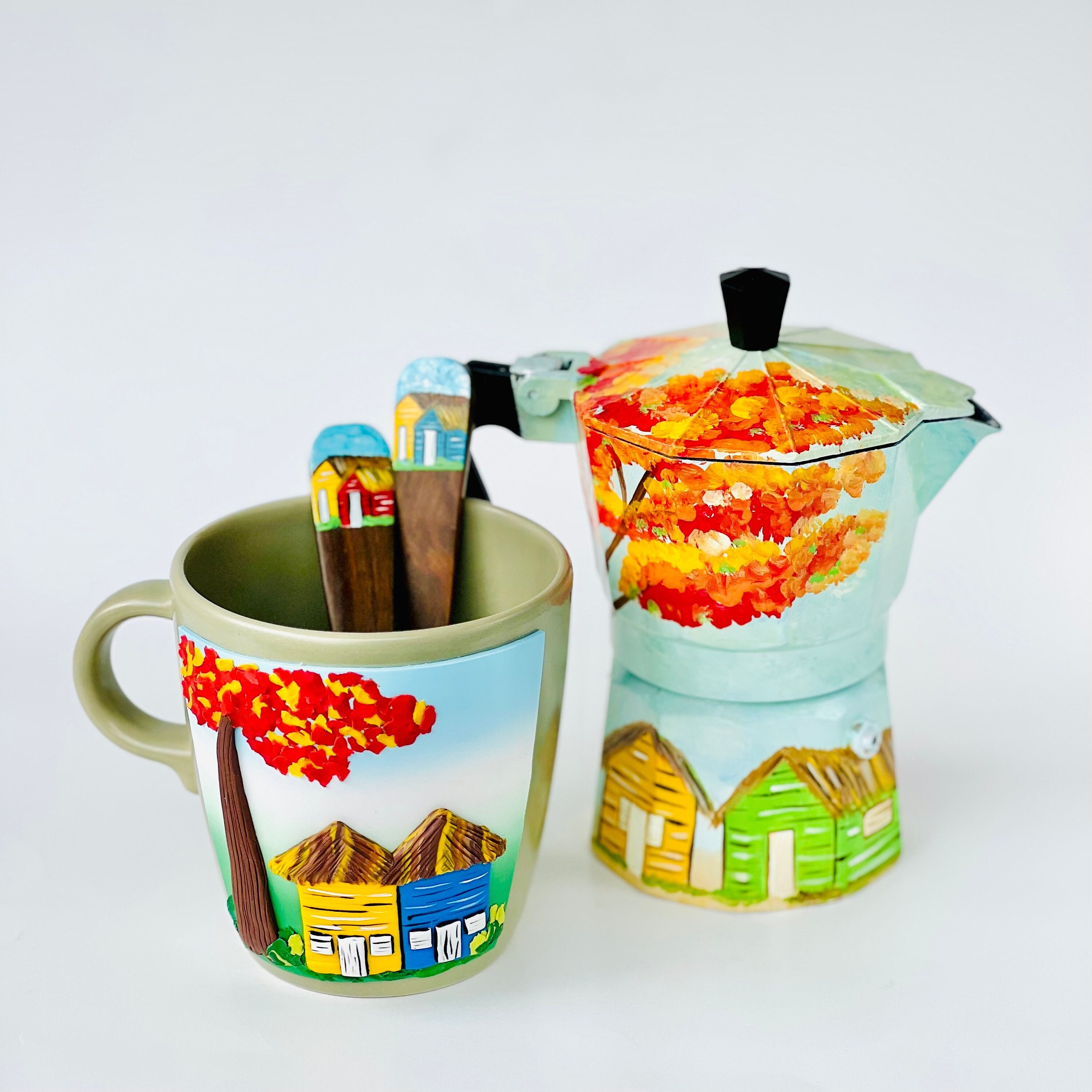 Hand-painted Dominican Moka Pot Set: Espresso Maker With Cups