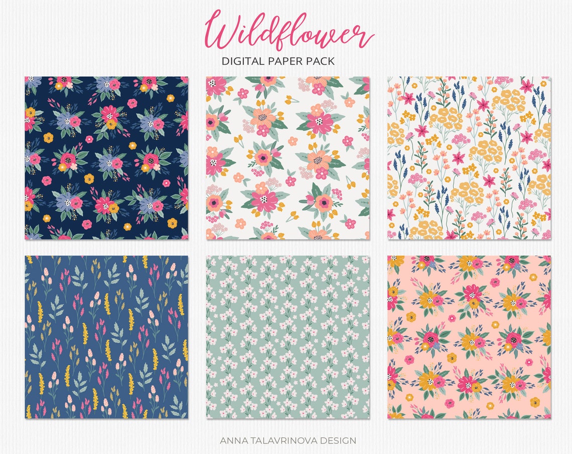 Wildflower digital paper floral seamless pattern pack bright | Etsy