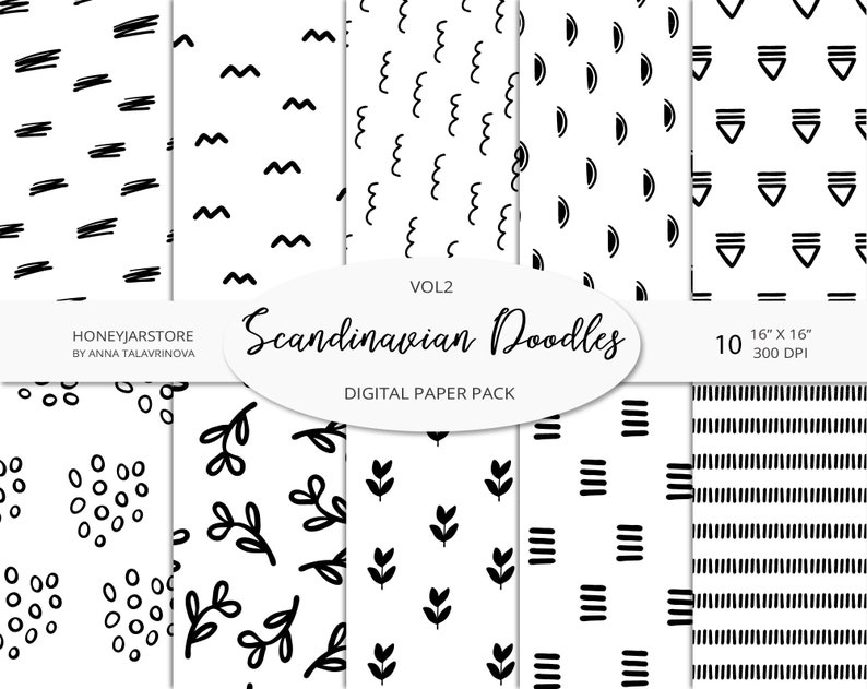 Download Clip Art Simple Geometric Scrapbook Paper Pack Vol2 Black White Doodles Digital Paper Pack Boho Doodles Scandinavian Hand Drawn Seamless Pattern Art Collectibles
