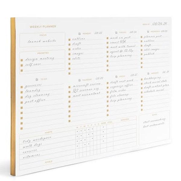 Undated Weekly Planner Pad - Undated Planner Weekly Calendar Pad - 8.5 x 11 Tear off 50 PG Gold Edge Weekly Desk Pad - Weekly Notepad