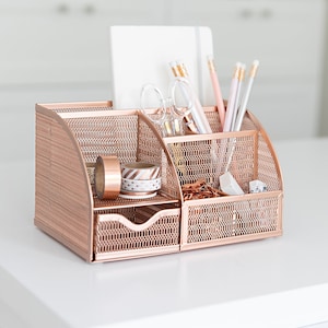 Fontvieille Unique Metal Rose Gold Desk Organizer with Drawer