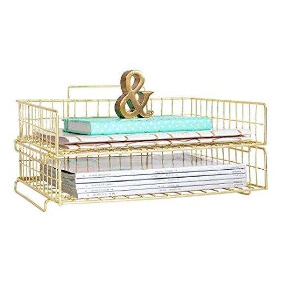 Blu Monaco Gold Desk Organizer Stackable Paper Tray Set Of 2 Etsy