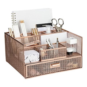 BLU MONACO Workspace Large 12 Compartments Rose Gold Desk Organizer with Drawer– Office Supplies and Accessories Storage File Holder