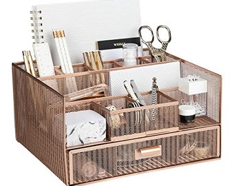 BLU MONACO Workspace Large 12 Compartments Rose Gold Desk Organizer with Drawer– Office Supplies and Accessories Storage File Holder