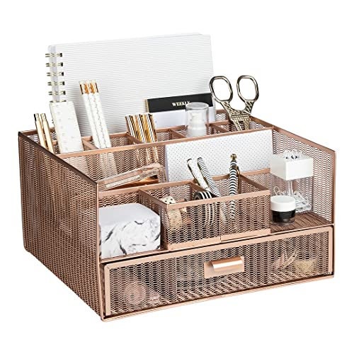 CREECHWA Gold Desk Organizer for Women, Cute Metal Desk Accessories Sets  Mesh Office Supplies Organizer with Sliding Drawer and Pencil Holder for