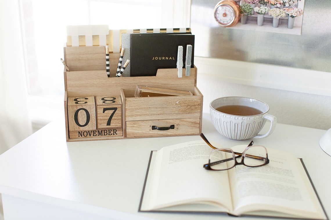 Wooden Mail Organizer Desktop With Block Calendar Mail Etsy