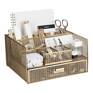 BLU MONACO Workspace Large 12 Compartments Gold Desk Organizer with Drawer– Office Supplies and Accessories Storage File Holder