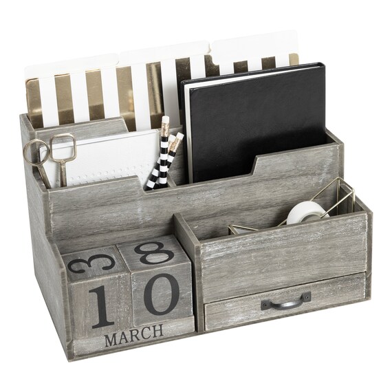 Blu Monaco White Wooden Mail Organizer with Pen Holder and Drawer