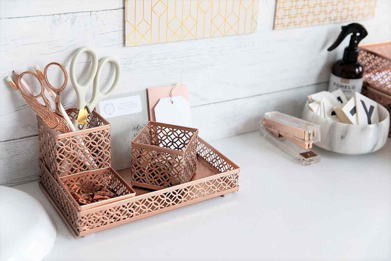 Rose Gold 6 Piece Interlocking Desk Organizer Set Pen Cup 3 Etsy