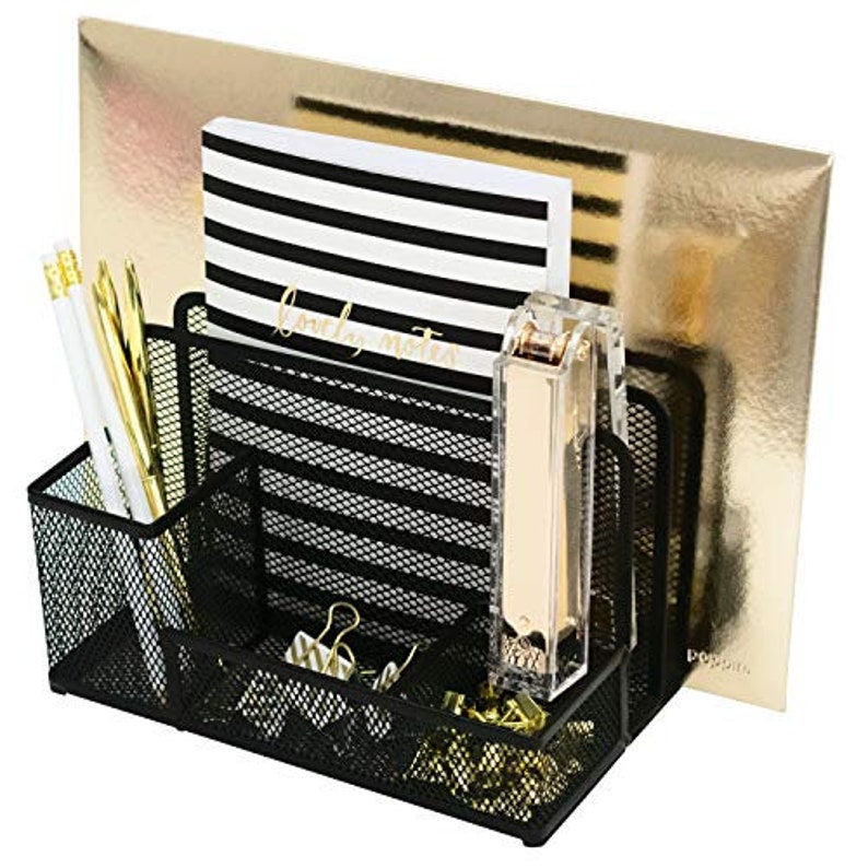 Blu Monaco Office Supplies Desk Organizer Medium Black Wire Mesh 2 Tier Vertical File Holder With Pen Cup And Accessory Tray