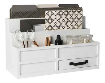 White Wooden Mail Organizer with Pen Holder and Drawer