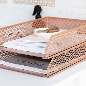 Blu Monaco Rose Gold Desk Organizer Stackable Paper Tray Set of 2 - Metal Two Tier Tray - Stackable Letter Tray - Inbox Tray for Desk