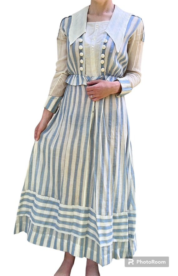 Antique 1910s Edwardian WW2 Striped Collar Dress