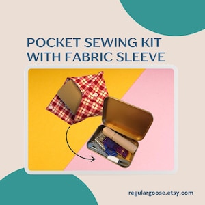 May include: A pocket sewing kit with fabric sleeve. The kit includes a small metal tin with sewing supplies and a red and white plaid fabric sleeve. The background is split between yellow and pink.