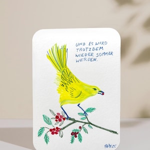 Handillustrierte signierte A6 Karte. Gelber Vogel mit Beeren auf einem Ast.