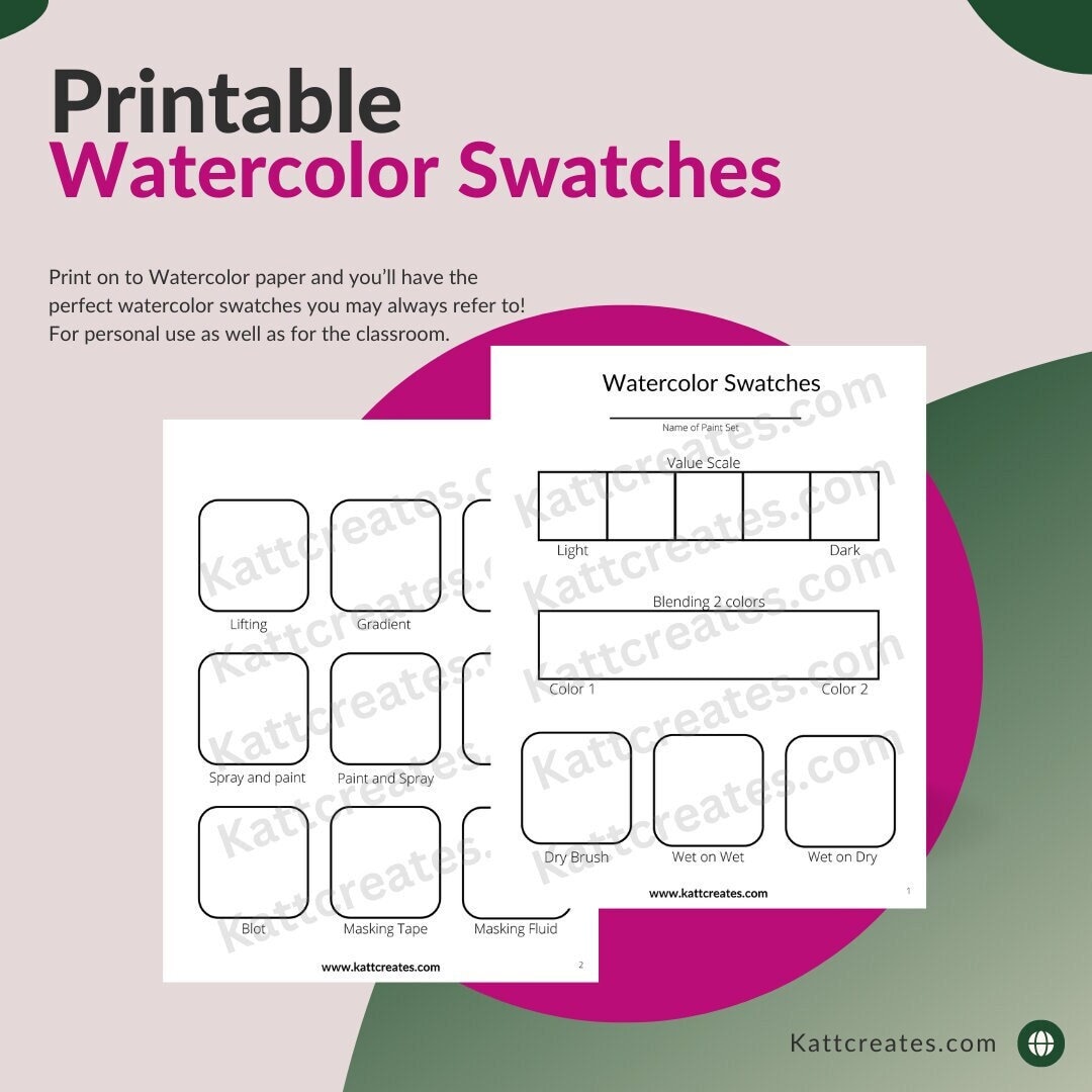 Watercolour Worksheet.pdf Printable Watercolor Swatches Practice Sheets Instant Download Art ...