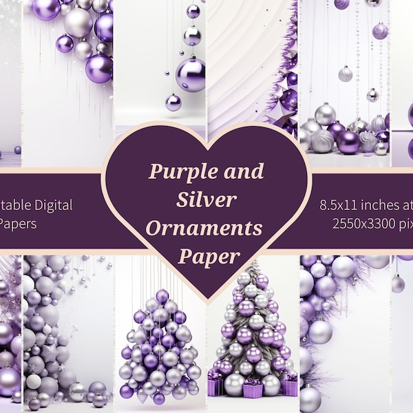 Purple and Silver Ornaments Digital Paper - Stunning Christmas Design for Card Making, Scrapbooking & Digital wallpaper or backgrounds