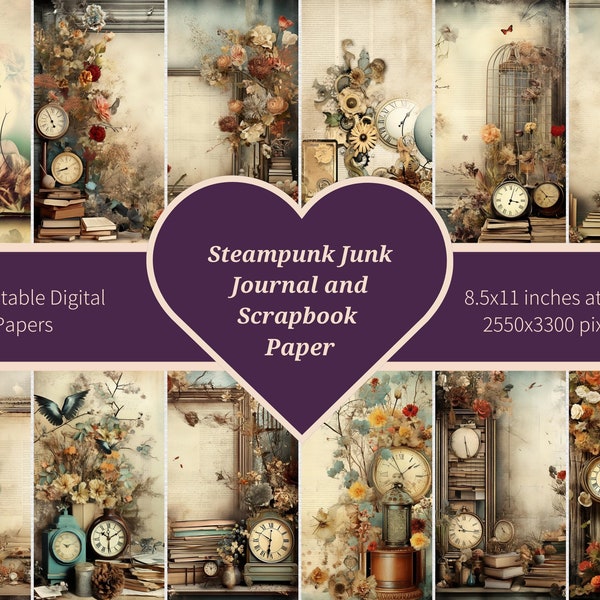 Steampunk Digital Paper in Clockpunk Style, 8.5x11 Scrapbooking Paper for Junk Journaling & Card Making, Unusual Stationery Gift