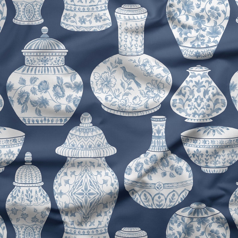 Indigo Ginger Jars Fabric Home Decor Pillows Curtains Etsy