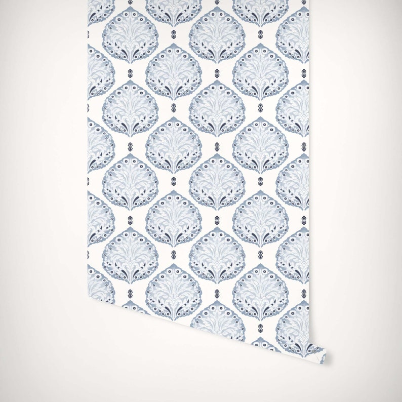 Indigo Damask Block Print Wallpaper Removable Peel and Etsy
