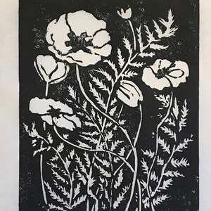 woodcut print of poppies, botanical print, garden image, by Margot Torrey