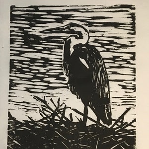 woodcut print of a heron titled &quot;the guardian&quot; by Margot Torrey.