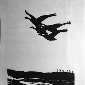 May include: Black and white linocut print of three geese flying in formation over a landscape with a river and trees. The print is titled "Heading South" and signed "M.G.Torrey".