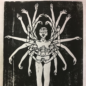 May include: Black and white woodcut print of a figure with multiple arms raised in a symbolic gesture. The figure has a third eye on their forehead and is standing with their legs together.