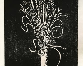 woodcut print of dried grasses and wildflowers, winter bouquet, by Vermont artist Margot Torrey