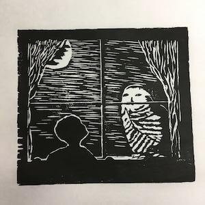 woodcut print of an enchanted owl and a child at a moonlit window, by Vermont artist Margot Torrey.