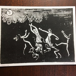 set of 10 art postcards of dancers around a fire by moonlight, from a woodcut by Margot Torrey