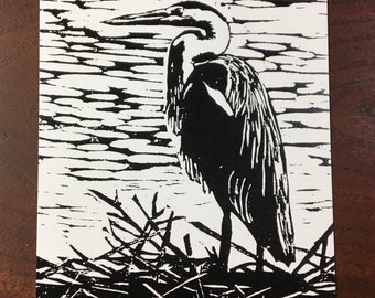 set of 10 art postcards of a heron, from a woodcut by Margot Torrey