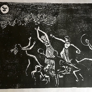 Solstice Fire Dancers Woodcut Print: Bonfire Art by Vermont Artist