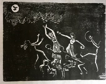 woodcut print of dancers around a bonfire with full moon, "Solstice fire dancers" by Vermont artist Margot Torrey