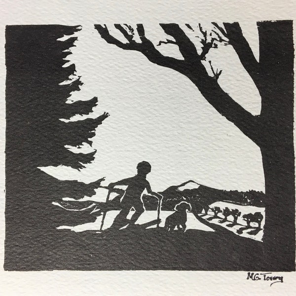 set of 10 art postcards of a cross country skier with a dog, from a woodcut by Vermont artistMargot Torrey