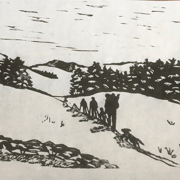 woodcut print of a family setting off on a hike in New England by Margot Torrey