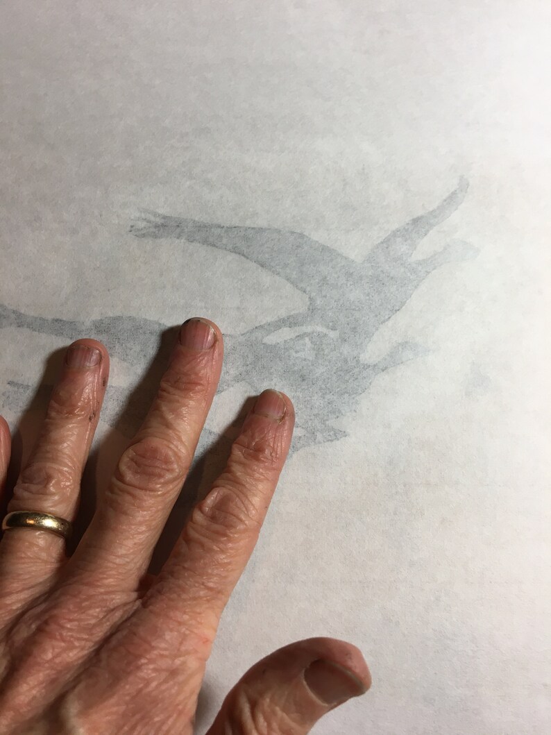 May include: A hand with a gold ring rests on a white surface with a faint gray drawing of two birds in flight.