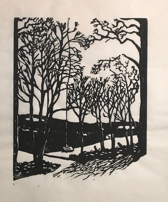 woodcut print of lady slippers and maidenhair ferns in woods by Vermont artist Margot Torrey