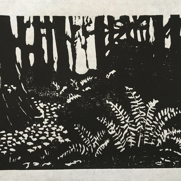 woodcut print of woodland plants entitled "trailside, Putney Mountain" by Vermont artist Margot Torrey