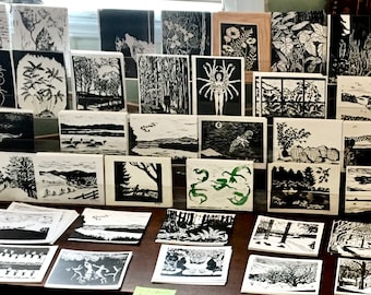 Your Pick! custom variety pack of 10 postcards of woodcut images by Vermont artist Margot Torrey