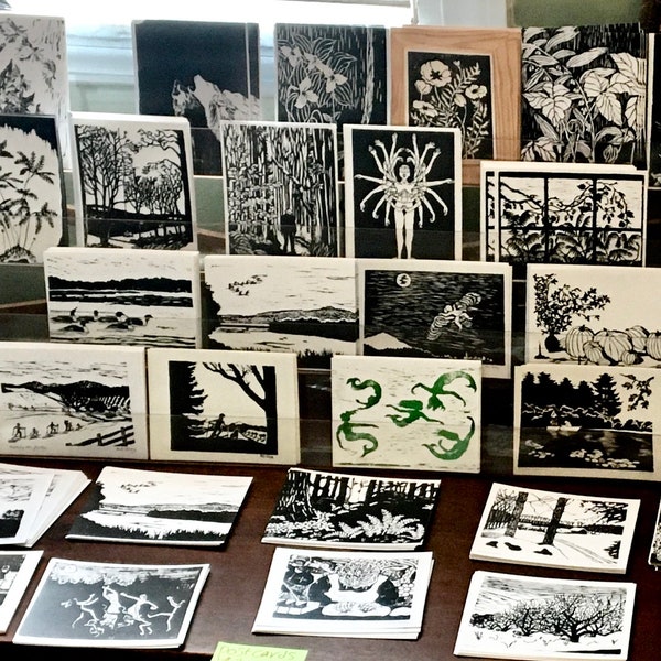 Your Pick! custom variety pack of 10 postcards of woodcut images by Vermont artist Margot Torrey