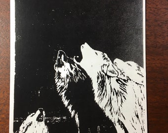 set of 10 art postcards of howling wolves, a woodcut by Margot Torrey